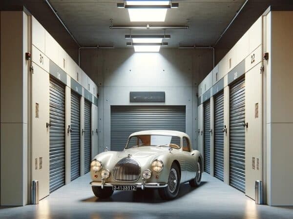 Immagine di un servizio di rimessaggio d'auto d'epoca, con una classica e lussuosa automobile d'epoca parcheggiata al centro di un elegante deposito con box individuali numerati.