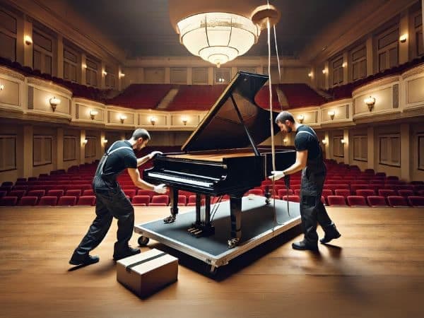 operatori di trasporti pianoforte installano lo strumento nella nuova destinazione